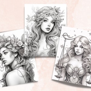 Pu&ograve; includere: Tre illustrazioni in bianco e nero di donne con corone di fiori e dettagli intricati. La prima donna indossa una corona di fiori e ha lunghi capelli fluenti. La seconda donna indossa una corona di fiori e ha lunghi capelli fluenti. La terza donna indossa una corona di fiori e ha lunghi capelli fluenti e tiene una bilancia.