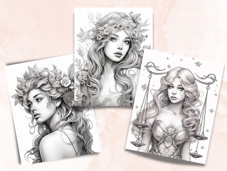 Pu&ograve; includere: Tre illustrazioni in bianco e nero di donne con corone di fiori e dettagli intricati. La prima donna indossa una corona di fiori e ha lunghi capelli fluenti. La seconda donna indossa una corona di fiori e ha lunghi capelli fluenti. La terza donna indossa una corona di fiori e ha lunghi capelli fluenti e tiene una bilancia.