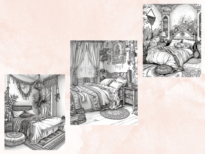 50 Boho Bedroom Coloring Book, Printable Bohemian Interior Design ...