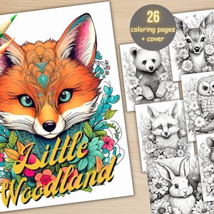 26 Baby Woodland Animals Coloring Book, Printable Little Forest Animals Coloring Pages, Grayscale Coloring Book for Adult Kids, Cute Animals