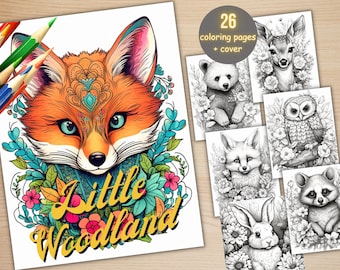 26 Baby Woodland Animals Coloring Book, Printable Little Forest Animals Coloring Pages, Grayscale Coloring Book for Adult Kids, Cute Animals