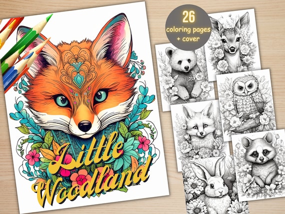26 Baby Woodland Animals Coloring Book, Printable Little Forest Animals Coloring Pages, Grayscale Coloring Book for Adult Kids, Cute Animals