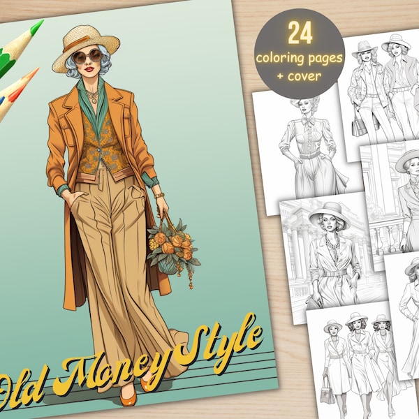 24 Old Money Aesthetic Coloring Book, Printable PDF, Luxury Retro Fashion Women Coloring Pages, Grayscale Coloring Book for Adults and Kids