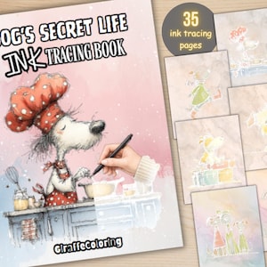 May include: A children's tracing book titled "Dog's Secret Life Ink Tracing Book" featuring a cartoon dog chef. The book includes 35 ink tracing pages with dog illustrations. The GiraffeColoring logo is visible.