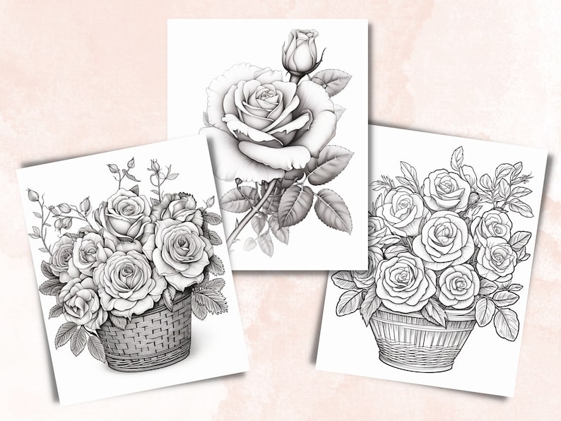 70 Rose Coloring Book, Printable PDF, Botanical Floral Plant Coloring Pages, Fantasy Grayscale Red Roses Coloring Book for Adults and Kids