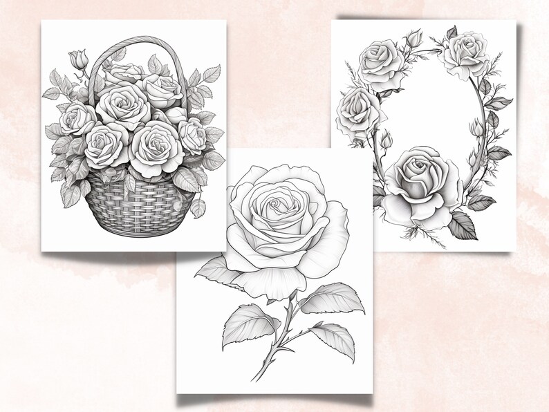 70 Rose Coloring Book, Printable PDF, Botanical Floral Plant Coloring Pages, Fantasy Grayscale Red Roses Coloring Book for Adults and Kids
