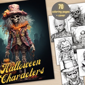 70 Halloween Characters Coloring Book, Printable Gothic Creepy Pumpkin Coloring Pages, Grayscale Horror Halloween Coloring Book for Adults