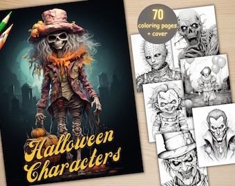 Puede incluir: Un libro para colorear con una portada que presenta un personaje de esqueleto espeluznante que sostiene una calabaza. El título del libro es "Halloween Characters". El libro incluye 70 páginas para colorear de varios personajes espeluznantes.