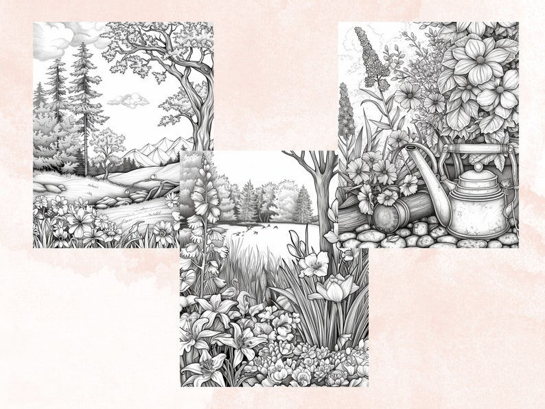 50 Spring Garden Coloring Book, Printable Floral Fairy Garden Coloring Pages, Grayscale Spring Flowers Forest Coloring Book for Adults Kids