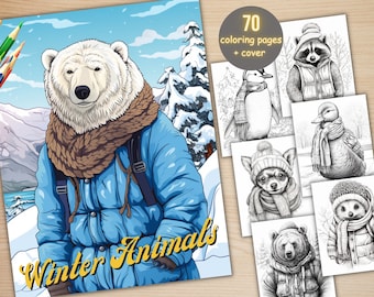 70 Winter Animals Coloring Book, Printable Winter Cutties Coloring Pages, Grayscale Cute Winter Woodland Coloring Book for Adults and Kids