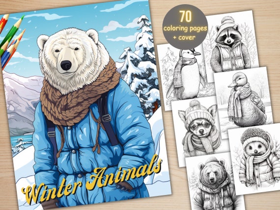 70 Winter Animals Coloring Book, Printable Winter Cutties Coloring Pages, Grayscale Cute Winter Woodland Coloring Book for Adults and Kids