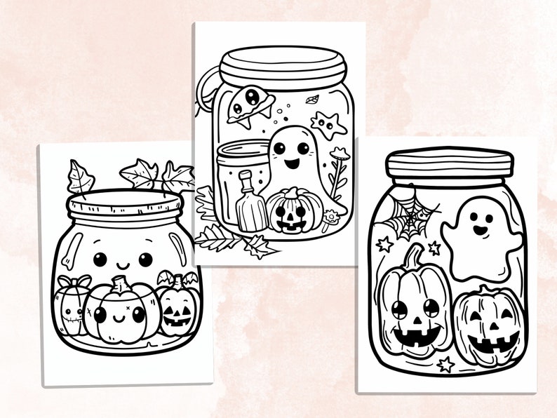 Bold and Easy Coloring Book, Cute Kawaii Halloween Jar Coloring Pages, Cute Creepy Halloween Coloring, Relaxing Activity for Adults and Kids