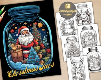 60 Christmas in a Jar Coloring Book, Printable Xmas Noel Jars Coloring Pages, Grayscale Winter Holiday Coloring Book for Adults and Kids