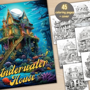 45 Underwater House Coloring Book, Printable Fantasy Ocean House Coloring Pages, Grayscale Coloring Book for Adults, Dark & Light Version