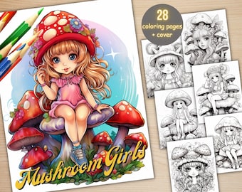 28 Mushroom Girls Coloring Book, Printable PDF, Fantasy Floral Mushroom Fairy Coloring Pages, Grayscale Coloring Book for Adults and Kids