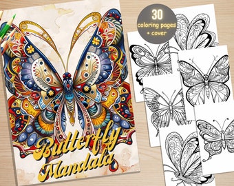 30 Butterfly Mandala Coloring Book, Printable Stress Relief Patterns Coloring Pages, Moth Mandala Animals Coloring Book for Adult and Kids