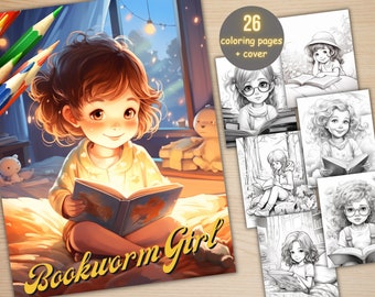 26 Bookworm Girl Coloring Book, Printable PDF, Pretty Little Cute Reading Girls Coloring Pages, Grayscale Coloring Book for Adults and Kids