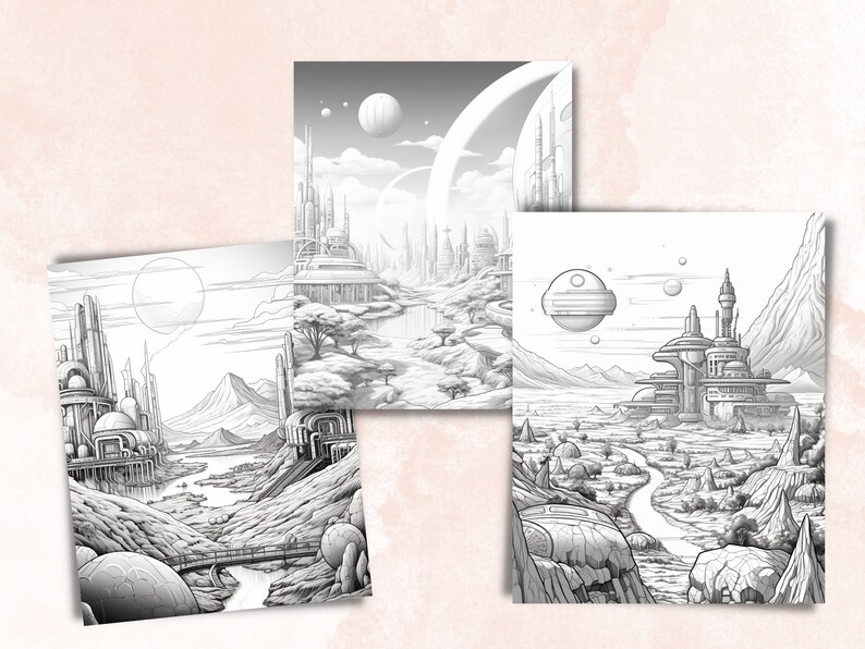 K&ouml;nnte beinhalten: Drei Schwarzwei&szlig;illustrationen futuristischer Stadtlandschaften. Jede Illustration zeigt eine andere Stadt mit einzigartiger Architektur und Landschaft. Die erste Stadt ist von Bergen und einem Fluss umgeben. Die zweite Stadt liegt auf einem Planeten mit einem gro&szlig;en Mond. Die dritte Stadt ist auf einem felsigen Gel&auml;nde mit einem gewundenen Weg gebaut.