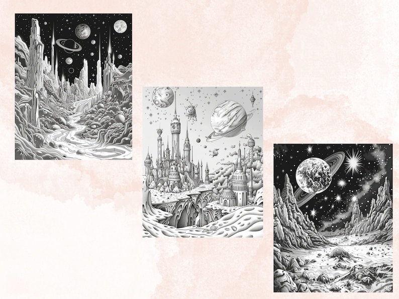 50 Enchanted Galaxy Coloring Book, Printable Fantasy Cosmic Coloring Pages, Celestial Space Grayscale Coloring Book for Adults and Kids