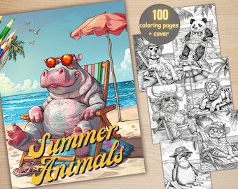100 Summer Animals Coloring Book, Printable Cute Summer Beach Animal Coloring Pages, Grayscale Holiday Coloring Book for Adults and Kids