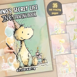 May include: A children's tracing book titled "Dino's Secret Life Ink Tracing Book" featuring a cartoon dinosaur with a party hat. The book includes 35 ink tracing pages with dinosaur illustrations. The book cover has a watercolor background.