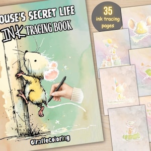 Pode incluir: Um livro de traçado de tinta infantil intitulado "Mouse's Secret Life" com um rato de desenho animado escalando uma árvore. A capa do livro é bege claro com detalhes em verde e rosa. A imagem inclui 35 páginas de traçado de tinta com ilustrações de ratos em aquarela.
