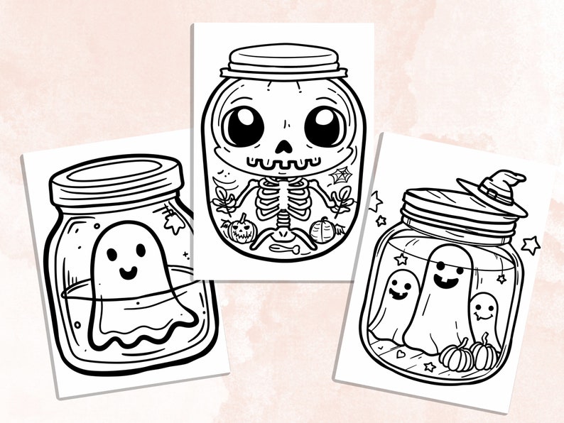 Bold and Easy Coloring Book, Cute Kawaii Halloween Jar Coloring Pages, Cute Creepy Halloween Coloring, Relaxing Activity for Adults and Kids