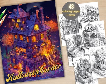 43 kolorowanki z motywem Halloween Corner, urocze kolorowanki z motywem horroru do wydrukowania, upiorna kolorowanka w odcieniach szarości dla dorosłych, relaks i ulga w stresie