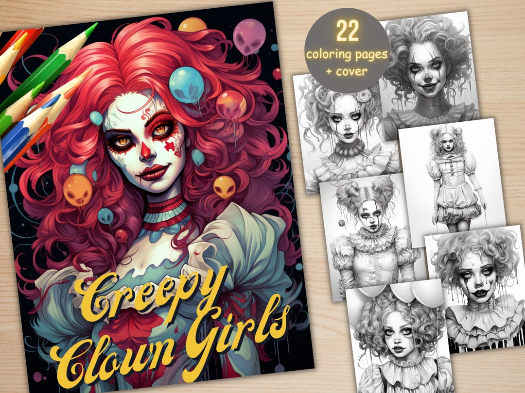 22 Creepy Clown Girls Coloring Book, Printable PDF, Horror Gothic Clown