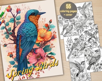 55 Spring Birds Coloring Book, Printable Floral Hummingbird Coloring Pages, Grayscale Spring Flowers Birds Coloring Book for Adults and Kids
