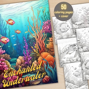 50 Enchanted Underwater Coloring Book, Printable Under the Sea Coloring Pages, Grayscale Ocean Life Scenes Coloring Book for Adults and Kids