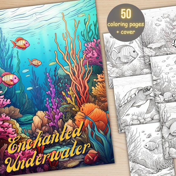 50 Enchanted Underwater Coloring Book, Printable Under the Sea Coloring Pages, Grayscale Ocean Life Scenes Coloring Book for Adults and Kids