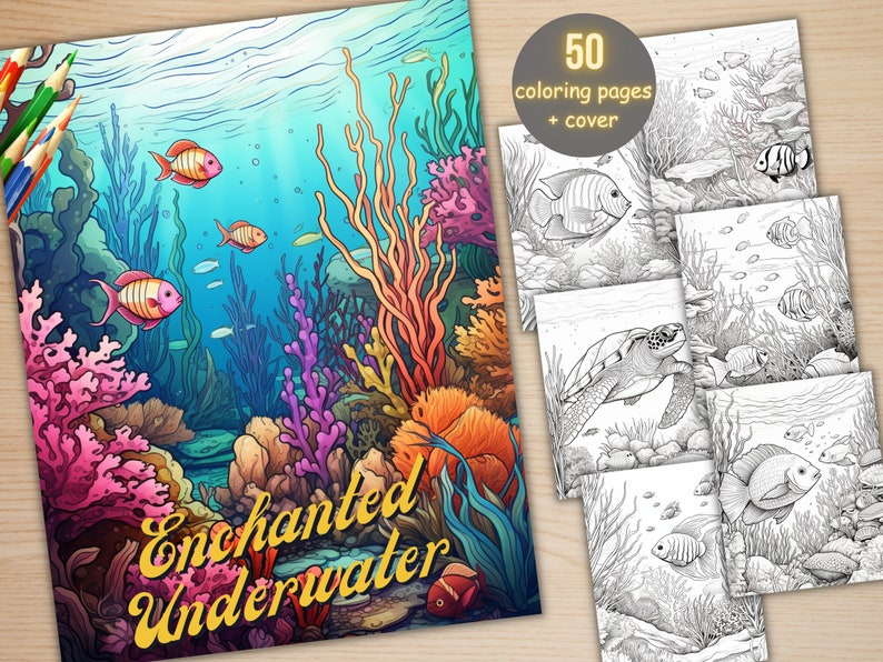 50 Enchanted Underwater Coloring Book, Printable Under the Sea Coloring Pages, Grayscale Ocean Life Scenes Coloring Book for Adults and Kids
