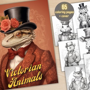 65 Victorian Animals Coloring Book, Printable Fairytale Animal Coloring Pages, Grayscale Cute Victorian Coloring Book for Adults and Kids