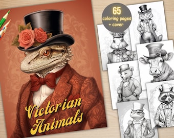 65 Victorian Animals Coloring Book, Printable Fairytale Animal Coloring Pages, Grayscale Cute Victorian Coloring Book for Adults and Kids