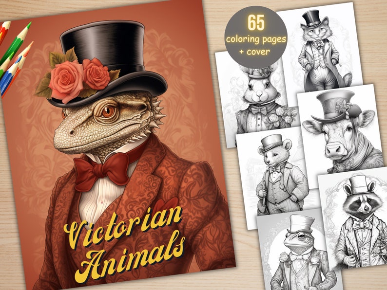 65 Victorian Animals Coloring Book, Printable Fairytale Animal Coloring Pages, Grayscale Cute Victorian Coloring Book for Adults and Kids
