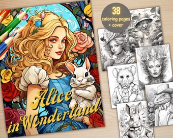38 Alice in Wonderland Coloring Book, Printable Wonderland Coloring Pages, Grayscale Coloring Book for Adults, Whimsical Magical Alice PDF