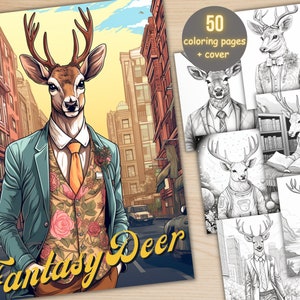 50 Fantasy Deer Coloring Book, Printable Secret Life of Deer Coloring Pages, Grayscale Reindeer Cute Animal Coloring Book for Adults and Kid
