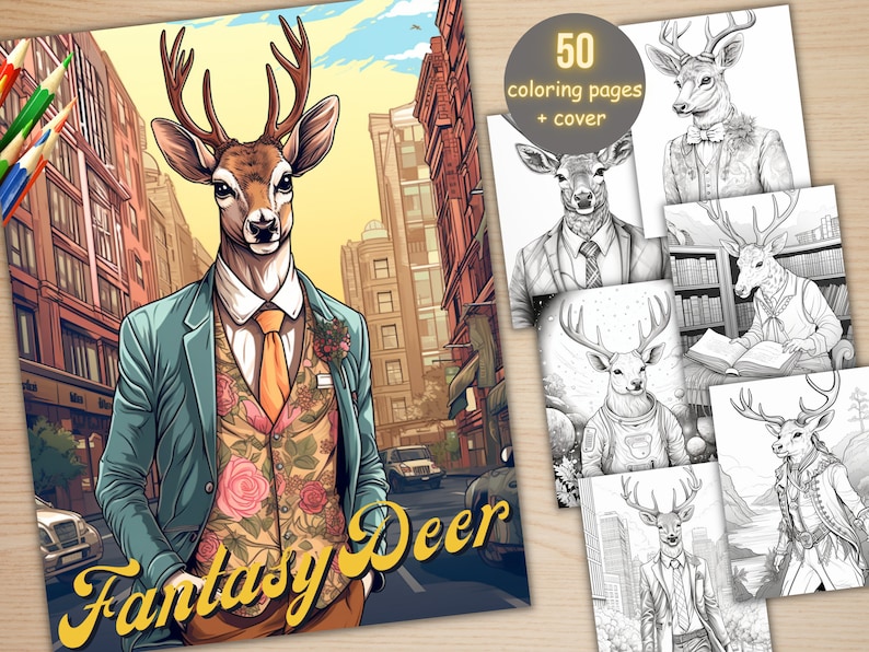 50 Fantasy Deer Coloring Book, Printable Secret Life of Deer Coloring Pages, Grayscale Reindeer Cute Animal Coloring Book for Adults and Kid