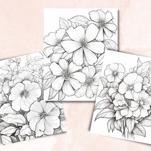 45 Violet Flowers Coloring Book, Printable PDF, Botanical Floral Plant Coloring Pages, Fantasy Grayscale Coloring Book for Adults and Kids