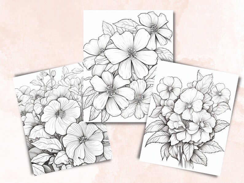 45 Violet Flowers Coloring Book, Printable PDF, Botanical Floral Plant Coloring Pages, Fantasy Grayscale Coloring Book for Adults and Kids