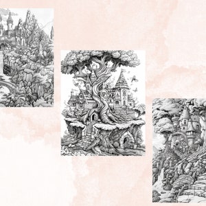 45 Forest Fairy Coloring Book, Printable Fairy Garden Scene Coloring Pages, Fairytale Castle Landscapes Grayscale Coloring Book for Adults