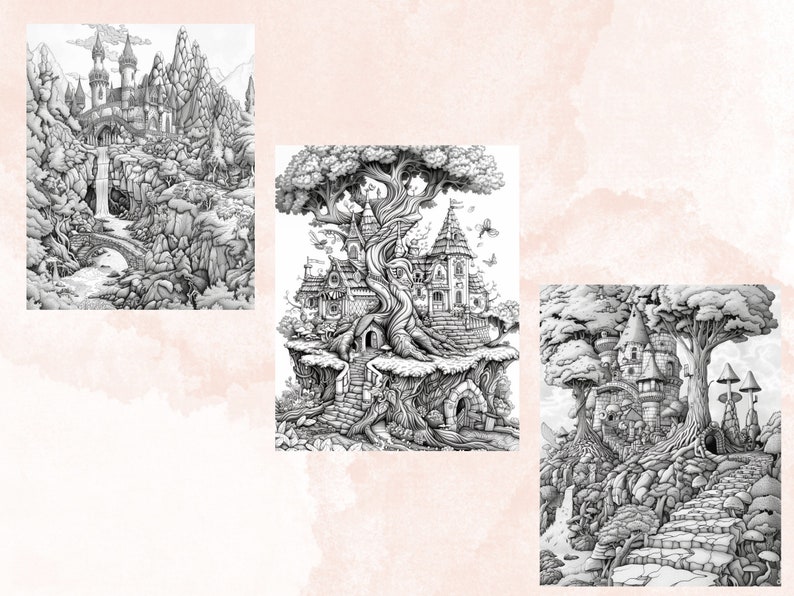 45 Forest Fairy Coloring Book, Printable Fairy Garden Scene Coloring Pages, Fairytale Castle Landscapes Grayscale Coloring Book for Adults