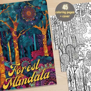 May include: A colouring book cover featuring a colourful illustration of a forest mandala. The cover depicts a swirling pattern of trees, flowers, and leaves in shades of blue, green, purple, and yellow. The title "Forest Mandala" is written in a stylised font.