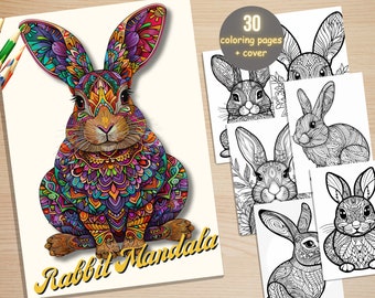 30 Rabbit Mandala Coloring Book, Stress Relief Patterns Coloring Pages, Mandala Animals Coloring Book for Adult, Bunny Coloring Pages