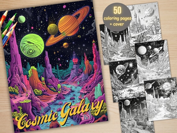 50 Enchanted Galaxy Coloring Book, Printable Fantasy Cosmic Coloring Pages, Celestial Space Grayscale Coloring Book for Adults and Kids