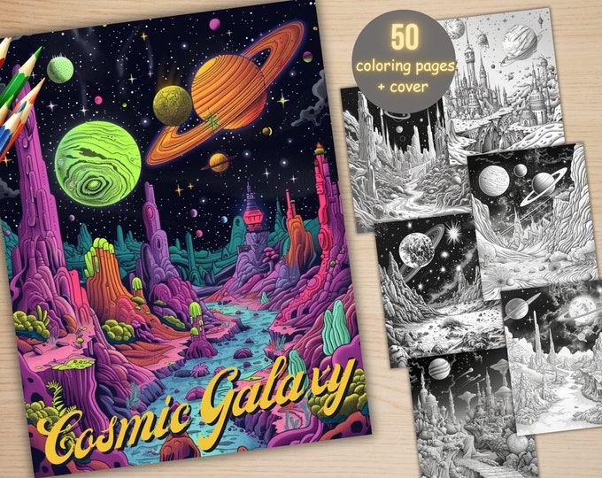 50 Enchanted Galaxy Coloring Book, Printable Fantasy Cosmic Coloring Pages, Celestial Space Grayscale Coloring Book for Adults and Kids