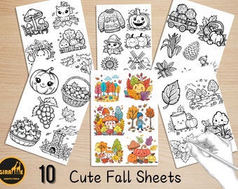 Bold and Easy Coloring Book, Kawaii Autumn Woodland Sheets Coloring Pages, Cute Fall Pumpkin Coloring, Relaxing Activity for Adults and Kids