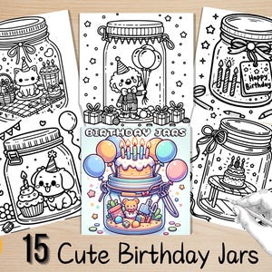 Bold and Easy Coloring Book, Cute Birthday Jar Coloring Pages, Kawaii Birthday Party Scenes Coloring, Relaxing Activity for Adults and Kids