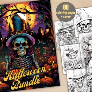 80 Halloween Big Bundle Coloring Book, Printable Gothic Creepy Pumpkin Witch Coloring Pages, Grayscale Halloween Coloring Book for Adults